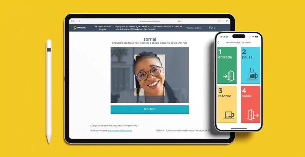 imagem de um tablet e um celular com o aplicativo de controle de ponto da pontotel aberto