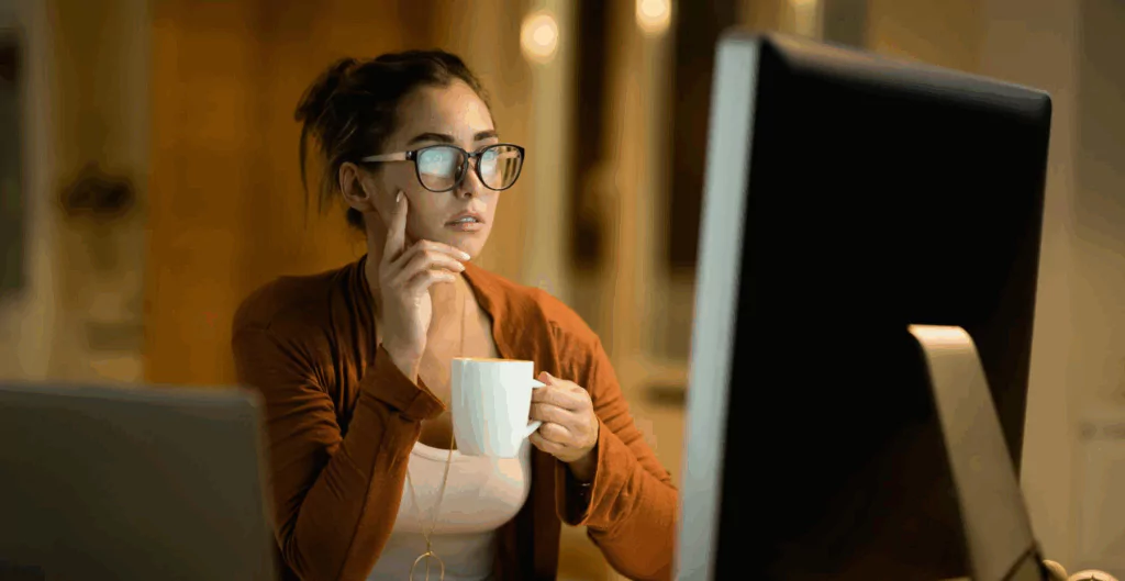 Jovem mulher de óculos concentrada em trabalho ou estudo em frente ao computador em ambiente de escritório ou casa com iluminação acolhedora.