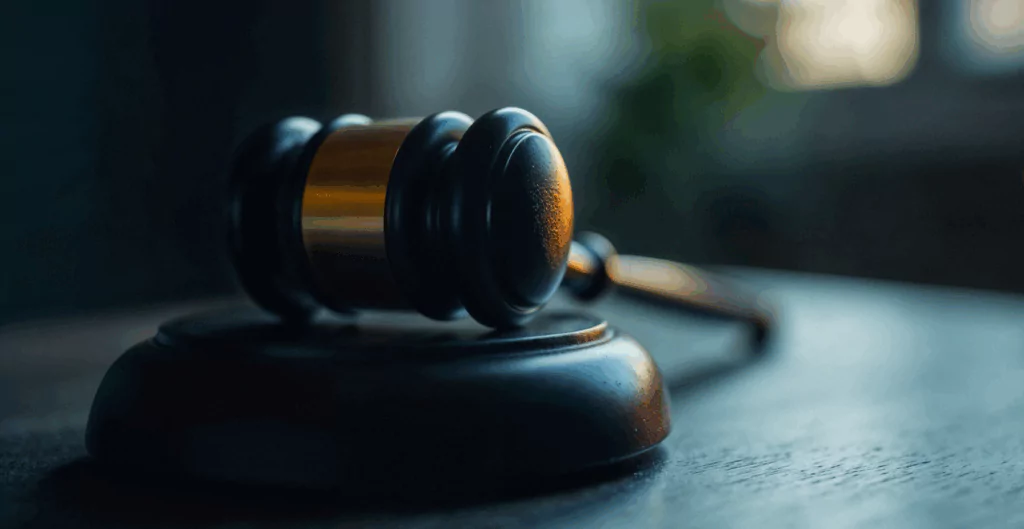 Martelo da justiça, simbolizando a legalidade do acordo com o sindicato para trabalhar aos domingos e feriados.