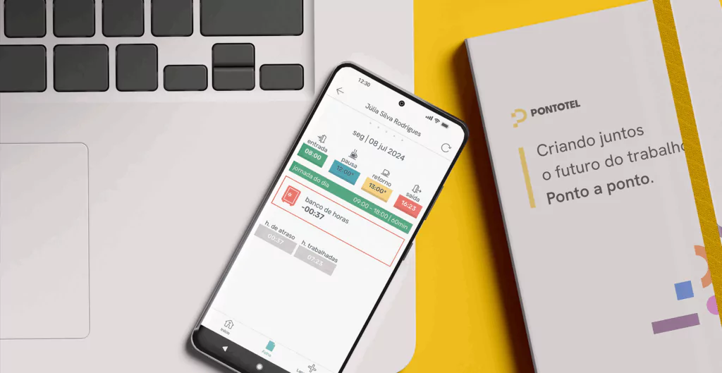 Tela de aplicativo de controle de jornada, ilustrando o uso de tecnologias para monitoramento no home office com precisão.