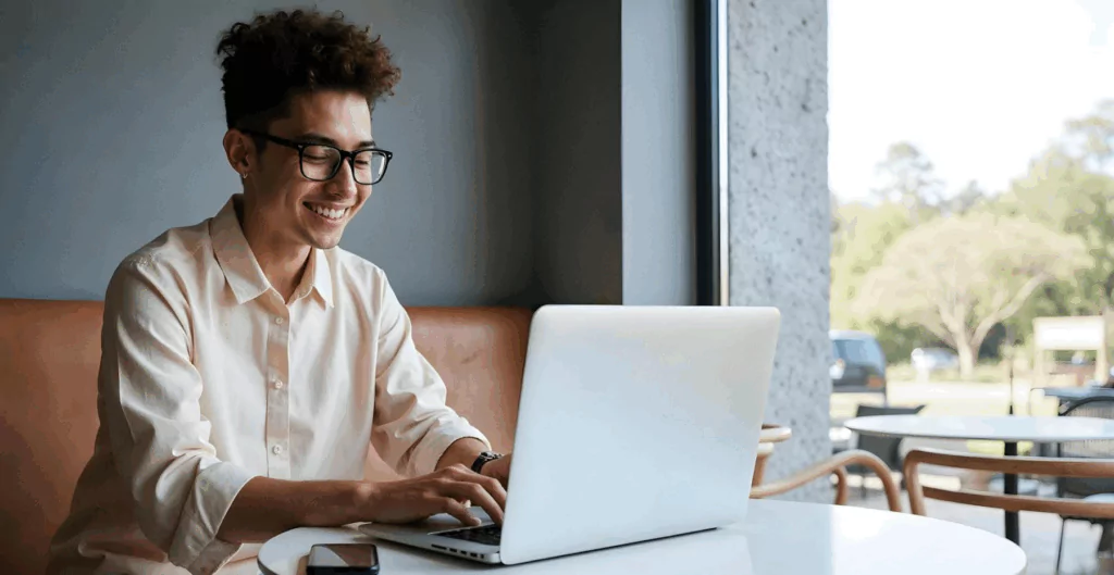 Profissional utilizando notebook em ambiente de trabalho moderno, representando como um SIRH facilita a gestão de colaboradores e melhora a experiência digital no RH