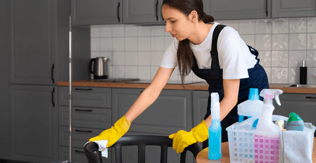 Trabalhadora doméstica limpando mesa em residência, simbolizando o trabalho informal no setor de serviços