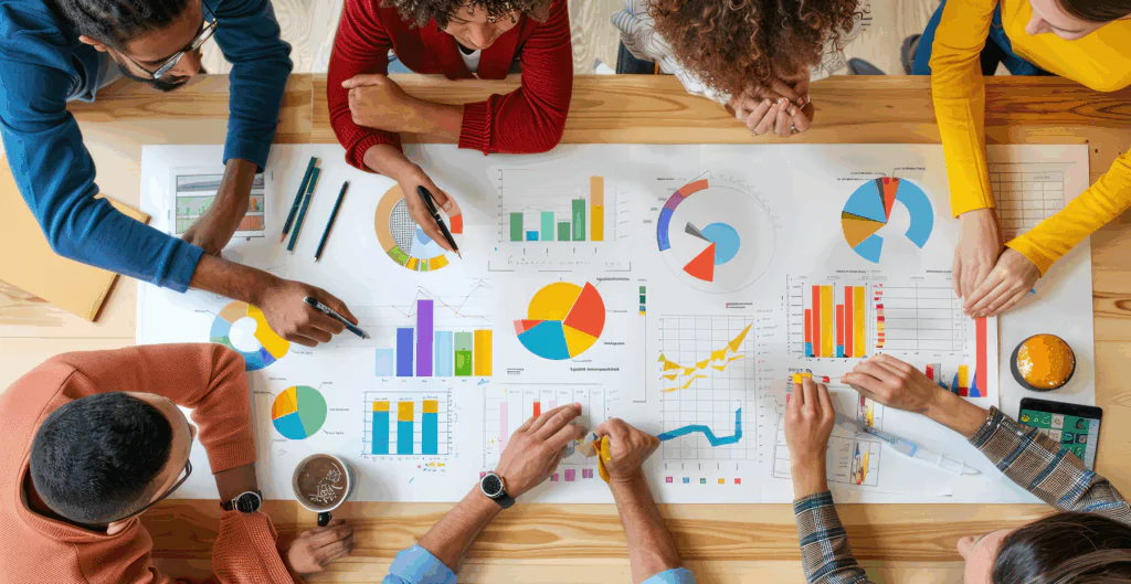Painel de indicadores com diversos gráficos coloridos sobre uma mesa com pessoas ao redor